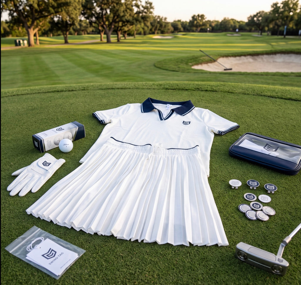 Women’s Pleated Performance Golf Set – White & Navy